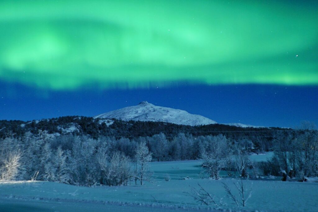 Strong green northern lights (aurora borealis) above snowy landscape in Bodø